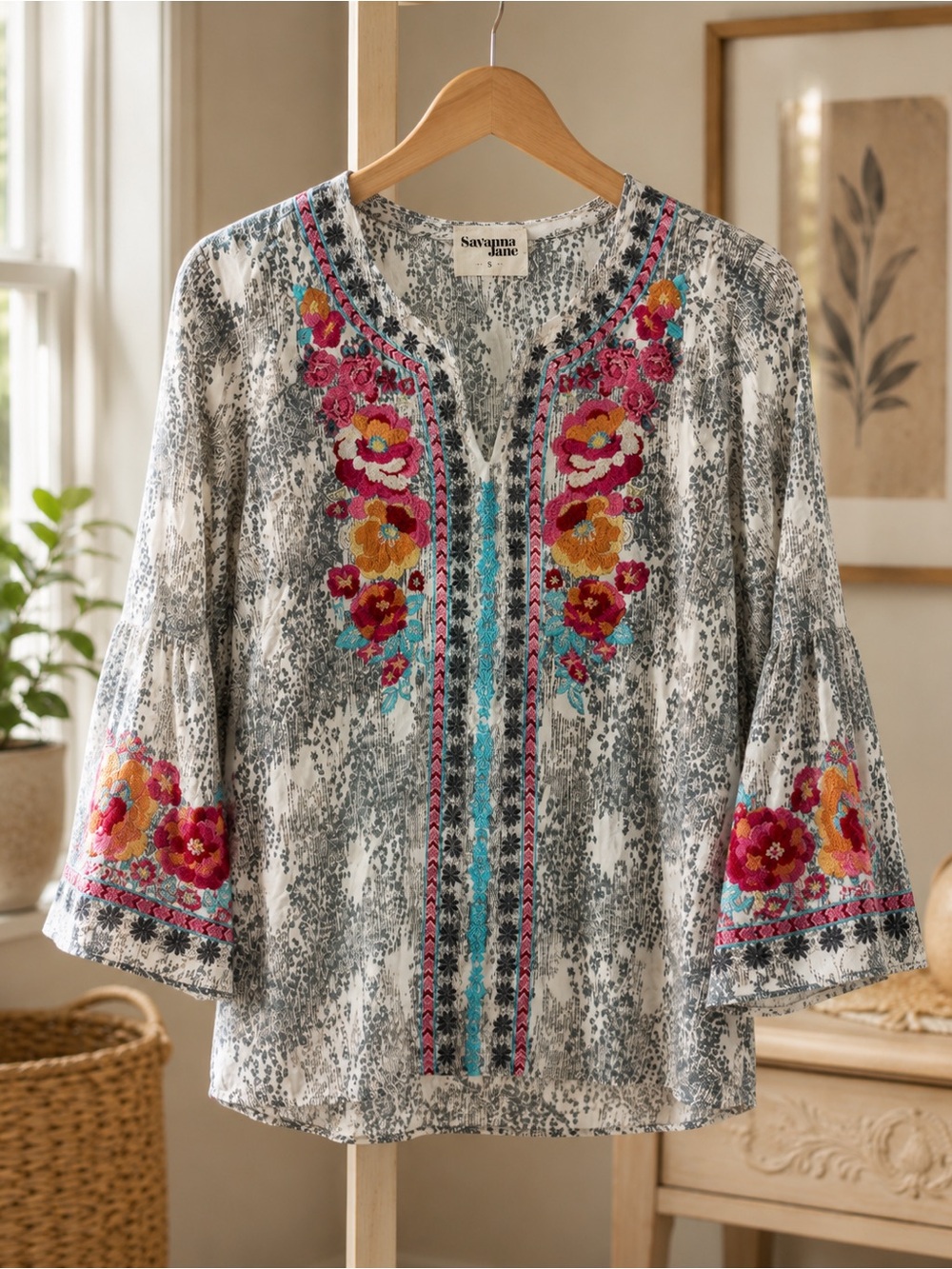 Savanna Jane Embroidered Floral Boho Tunic Top Size Small